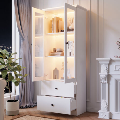 Vitrina 60x36x165cm, con dos cajones, puertas de doble cristal, 2 estantes regulables, MDF, blanco