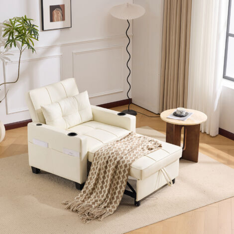 Sillón convertible 3 en 1 con puerto USB, diván individual - portavasos y bolsillo lateral, estructura de madera y metal - blanco