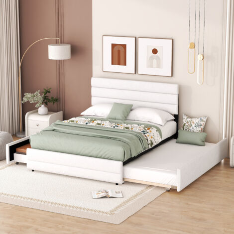 Cama para adulto de 140x200 cm con cama nido de 90x190 cm, 2 cajones, somier acolchado, lino beige.