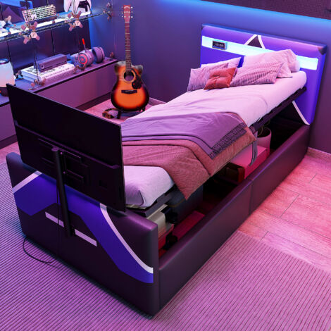 Cama infantil e-sport de 90x200 cm con LED multicolor, almacenaje hidráulico y soporte de TV integrado, piel sintética - negro + azul
