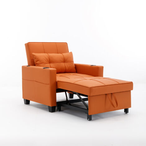 Sillón convertible 3 en 1 con puerto USB, sofá cama individual - portavasos y bolsillo lateral, estructura de madera y metal - naranja