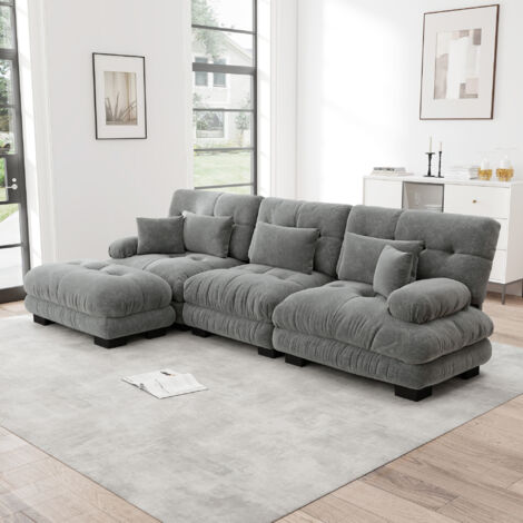 MODFU - Sofá de 3 plazas, sofá esquinero con reposapiés y cojín, efecto asiento profundo, esquina configurable para salón/apartamento, chenilla gris