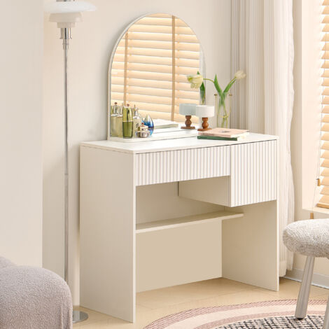 Tocador con gran espejo convexo, Al 135 x An 90 x Pr 40 cm, 2 cajones y estantes abiertos, MDF blanco