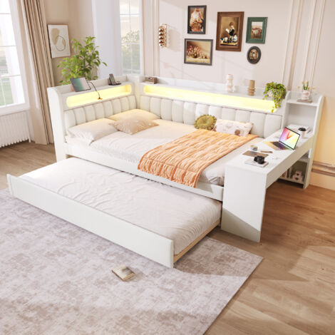 Daybed 140x200 cm adulto con LED 7 colores y USB, cama nido 90x190 y escritorio integrado, MDF blanco