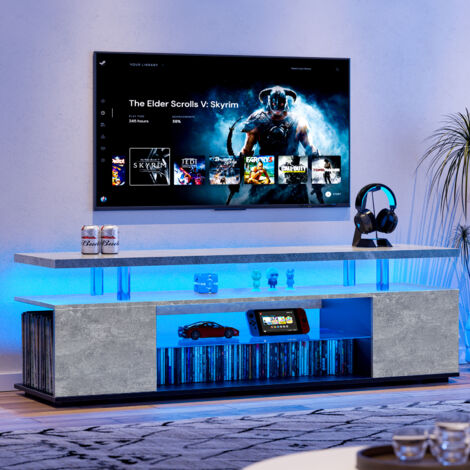 Mueble de TV LED con almacenaje: 3 compartimentos cerrados + estante abierto, para salón, madera de ingeniería gris/negra