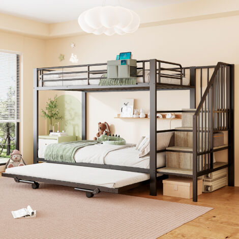 Litera infantil de 90x200 cm con cama nido de 180x200 cm, escalones con almacenaje, metal negro