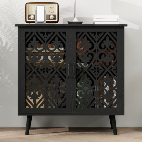 Aparador negro de 2 puertas con puertas de listones, estantes regulables y patas de madera maciza, tablero de partículas