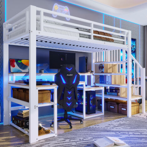 Cama alta infantil de 90x200 cm con escritorio, iluminación LED, puerto USB, almacenaje, estructura de metal y MDF blanco