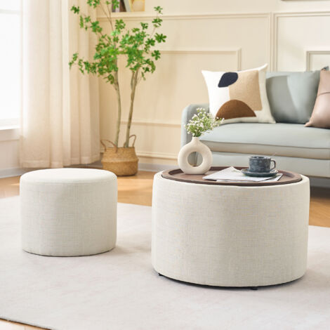 Conjunto de 2 pufs nido Ø58 cm con almacenaje y bandeja de madera extraíble, reposapiés de lino beige