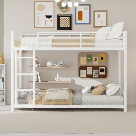 MODFU - Litera infantil 90x190 cm con escalera integrada, somier de láminas, metal blanco
