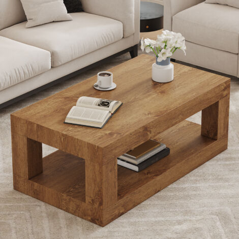 Mesa de centro rectangular de 2 niveles con almacenamiento abierto, diseño industrial para sala de estar, MDF color madera.