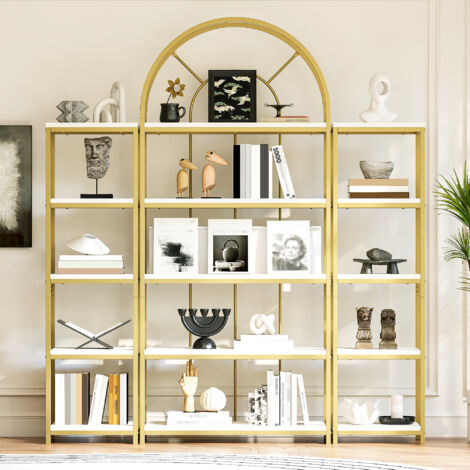 Librería modular de 163x30x184 cm, estante de 3 piezas con arco, estructura estable, MDF blanco y acero tono dorado. (1/5)