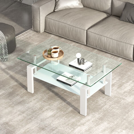Mesa de centro de 100x60x44 cm para salón, 2 niveles, ahorra espacio, estructura estable, cristal templado y metal blanco.