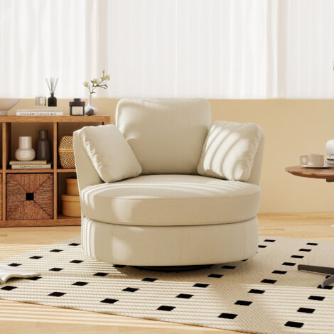 Sillón giratorio 360° con cojines, asiento profundo y soporte lumbar, estructura metálica, chenilla beige.