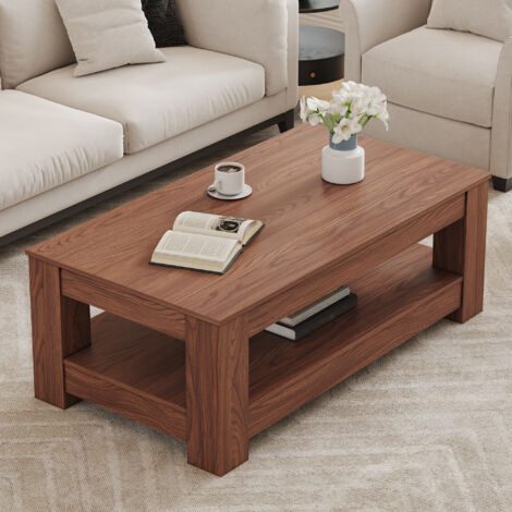 Mesa de centro rectangular de dos niveles con espacio de almacenamiento, de estilo industrial práctico para la sala de estar, fabricada en MDF color nogal.