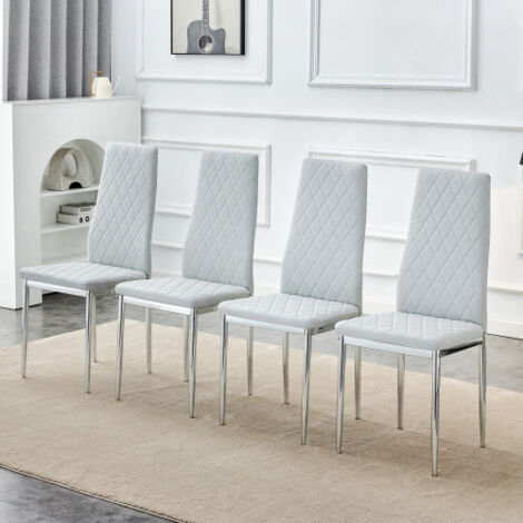 Juego de 4 sillas de comedor, respaldo alto, tapicería de PU acolchada, patas de metal cromado - gris claro