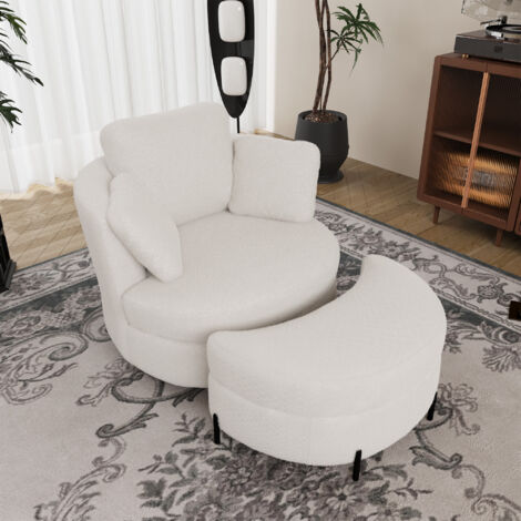 Sillón giratorio 360° con cojines de apoyo, asiento profundo y estructura estable de chenilla color marfil.