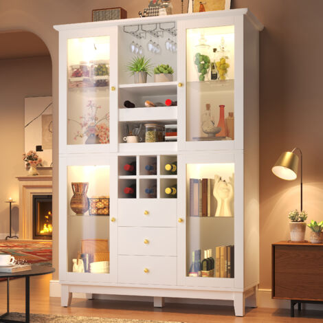 Vinoteca de 120x40x180,5 cm con iluminación LED RGB, 3 cajones y botellero, almacenamiento ajustable, MDF blanco.