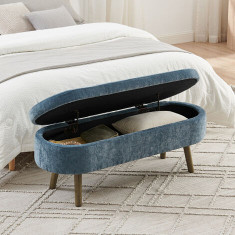 Banco plegable de almacenamiento de 110 cm - Tejido suave y grueso - Banco multifuncional para salón y dormitorio - Chenilla, estructura de madera maciza, capacidad de almacenamiento de 20 litros, azu