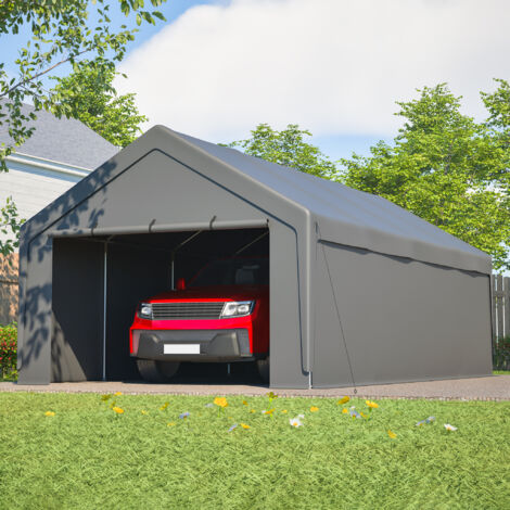Cochera de 4 x 7,6 metros con paredes desmontables y ventanas enrollables, estructura de hierro y lona impermeable gris.