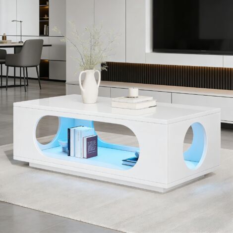 Mesa de centro LED de 100x50x35 cm con almacenamiento abierto y gestión de cables, control por aplicación, MDF blanco brillante. (1/5)