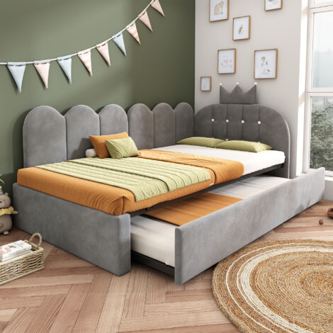 Cama infantil de 90x200 cm - Sofá cama con cama extraíble de 90x200 cm y cama nido de 90x190 cm, diseño de corona, ahorra espacio, terciopelo gris.