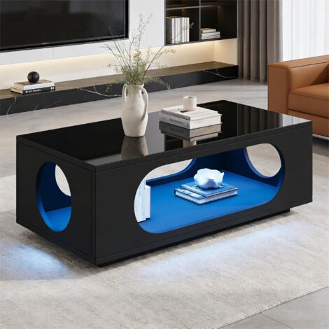 Mesa de centro LED de 100x50x35 cm con almacenamiento abierto y gestión de cables, control por aplicación, MDF negro.