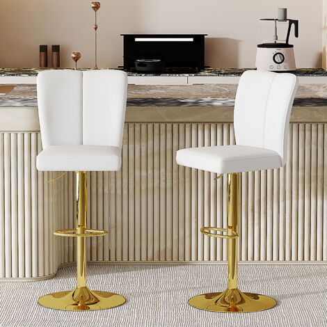 Juego de 2 taburetes de bar ajustables de 63 a 85 cm, giratorios 360°, con respaldo, de metal dorado y poliuretano blanco.