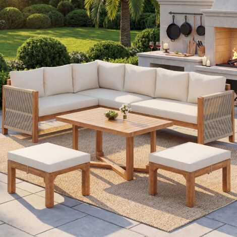 Conjunto modular de muebles de jardín de 6 plazas, sofá esquinero con 2 otomanas y mesa, madera de acacia beige, para exteriores. (1/5)