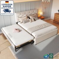 Cama nido 140x200+90x200 - cama tapizada de tela - Cama adulto 140x200 - con 2 somieres y cama con cajón - Somier de láminas - Contemporánea - Beige