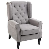 Sillón alto con capitoné, reposabrazos redondeados y patas de madera, sillón tapizado, apto para dormitorio y salón, capacidad hasta 160 kg, color gris.