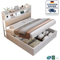 Cama 180x200 - Canapé - Polipiel - Diseño vintage en madera y metal - Puerto de carga USB - Hidráulico - Blanco