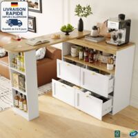 MODFU - Aparador de cocina blanco con mesa de bar giratoria de 360°, para sala y comedor, MDF, 4 cajones y 1 estante abierto
