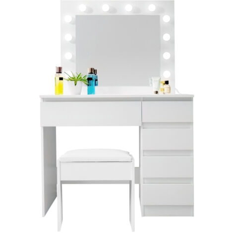 Aga Coiffeuse avec miroir et éclairage + tabouret Blanc mat