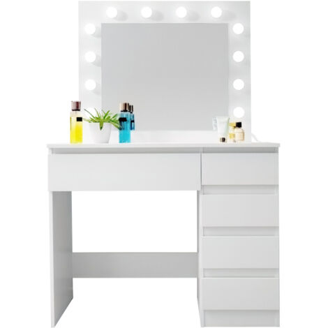 Aga24 – Coiffeuse blanche mat avec miroir et 5 tiroirs – 12 ampoules LED – Matériau bois DTD – Largeur 94 cm, Hauteur 140 cm