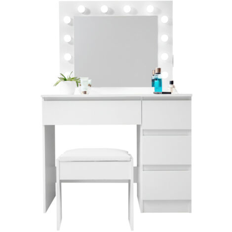 Aga Coiffeuse blanc mat avec miroir et taburet inclu, 12 ampoules LED, 4 tiroirs et prise électrique à côté (1/5)
