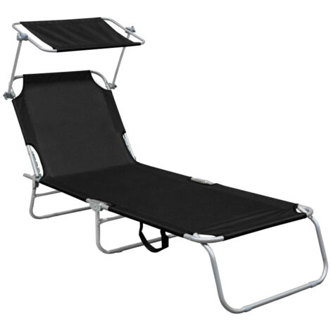 Aga bain de soleil, transat noir pliable en acier avec un pare-soleil, charge max 120 kg