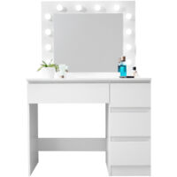 Aga24 – Coiffeuse blanche mat avec miroir et 12 ampoules LED – 4 tiroirs – Prise électrique et ports USB intégrés – Hauteur 140 cm, Largeur 94 cm