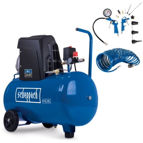 Scheppach Compresseur d’air HC63 – 1500 W – 230 V – 10 bar – Cuve de 50 L – Débit d’aspiration 220 L/min – 97 dB – 10 m de tuyau d'air comprimé et un set de 13 accessoires