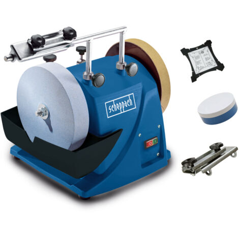 Scheppach Affûteuse à Eau TIGER2000S - Moteur à induction 120W - Meule en corindon supérieur Ø200mm - Dispositif pour outils standard droits - Pâte à poncer - Disque à poncer - Gabarit d'angle