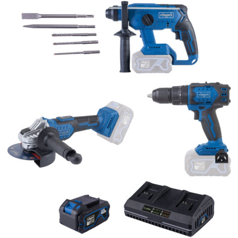 Scheppach Pack 3 outils sans fil 20V IXES : Perceuse à percussion, meuleuse + perforateur - 1 batterie 4Ah + chargeur double inclus