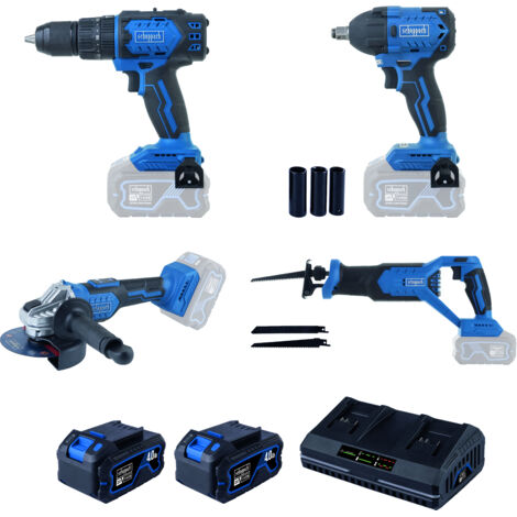 Scheppach – Pack de 4 outils électroportatifs 20V – 2 batteries 4Ah et chargeur double inclus – Moteurs brushless pour performance optimale