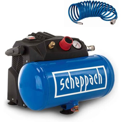 Scheppach Compresseur d'air comprimé HC06 - 1200 W - Sans huile - Cuve 6 L - Pression 8 bar - Puissance d'aspiration 200 L/min - Compresseur d'air compact - Tuyau 5 m (1/5)