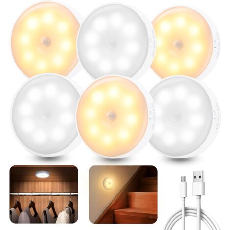 6 Pièces Lampe Détecteur de Mouvement Interieur, Veilleuse LED Rechargeable Lumiere 3 Modes, Lampe Led Sans Fil éclairage pour d'escalier, Couloir, Chambre à Coucher, Armoire, Cuisine