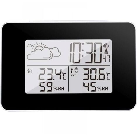 Station météo intérieure avec capteur extérieur – Thermomètre et hygromètre – Prévisions météo animées – Horloge radio-pilotée DCF – Écran LED noir