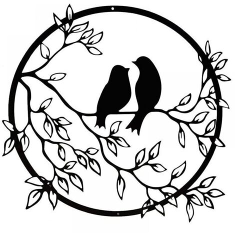 Décoration murale en métal silhouette oiseaux sur branche – Métal robuste 30 x 30 cm – Art mural intérieur et extérieur
