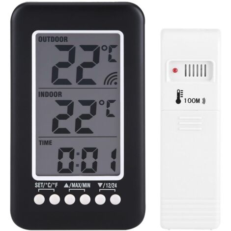 Thermomètre intérieur extérieur sans fil – Affichage LCD numérique – Plage -40 à 70 °C – Horloge digitale – Support mural et de table