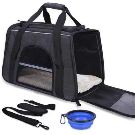 Sac de transport pour chat et chien Respirant et Pliable avec Bol pliant 45x29x31cm Noir