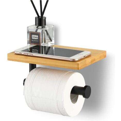 Porte-papier toilette en bambou avec étagère – Acier inoxydable antirouille – Conception anti-rotation – Pour salle de bain humide – Fuienko