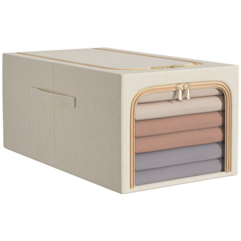 Boîte de Rangement de Placard Empilable en Tissu avec Fenêtre Transparente, Organisateur de Vêtements Pliable 56L (Beige)